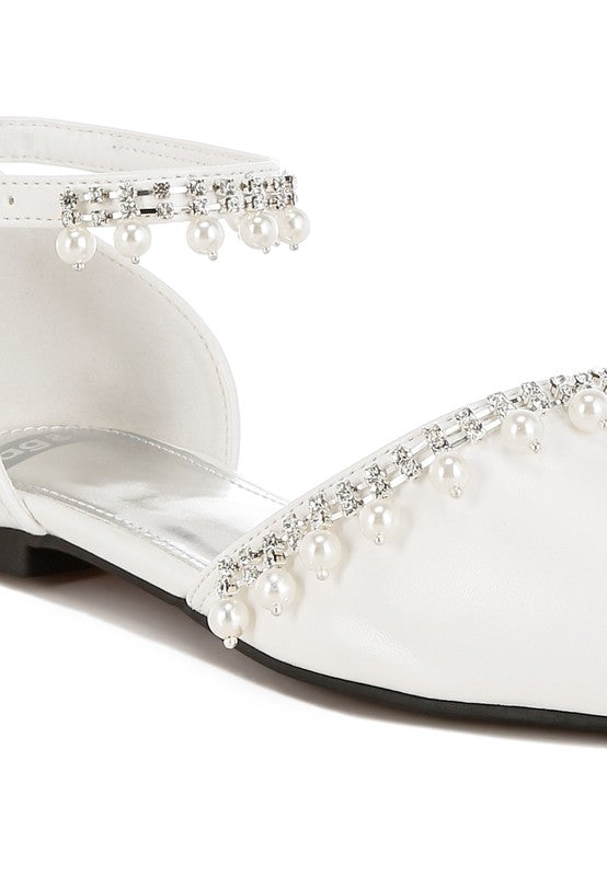 Aouva Rhinestone & Pearl Ankle Strap Flat Sandals