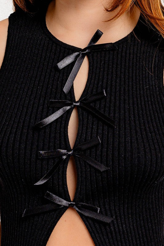 Satin Bow Knit Sweater Top – Soft Girl Sleeveless Charm