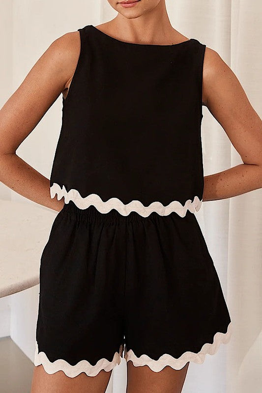Black Scallop Trim Sleeveless Top & Shorts Co-Ord Set | Summer Matching Outfit