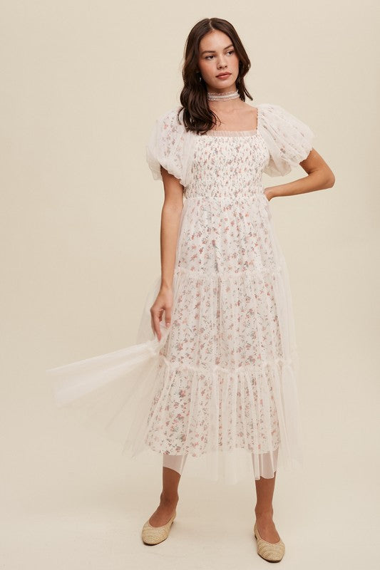Floral Puff Sleeve Maxi Dress – Soft Girl Mesh Romance