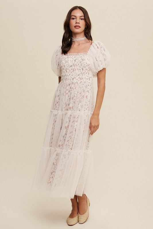 Floral Puff Sleeve Maxi Dress – Soft Girl Mesh Romance