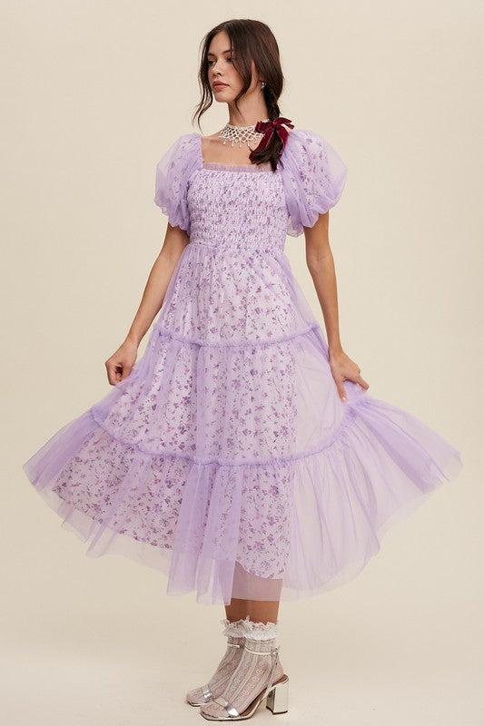 Floral Puff Sleeve Maxi Dress – Soft Girl Mesh Romance