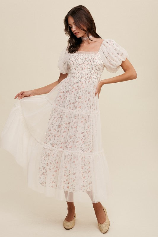 Floral Puff Sleeve Maxi Dress – Soft Girl Mesh Romance
