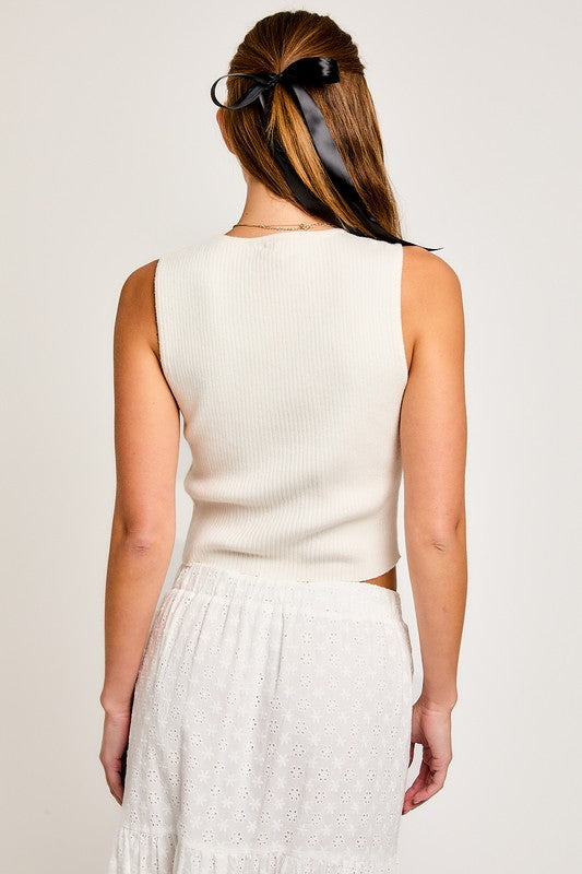 Satin Bow Knit Sweater Top – Soft Girl Sleeveless Charm