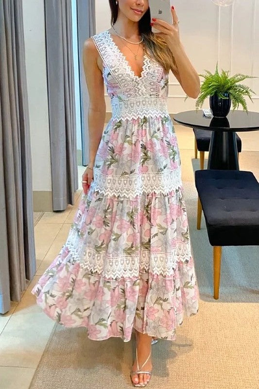Floral Midi Sleeveless Dress with Lace Trim – Romantic Summer Soft Girl Outfit