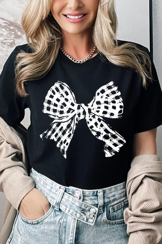 Contemporary T-Shirts - Vintage Checkered Bow Graphic T Shirts