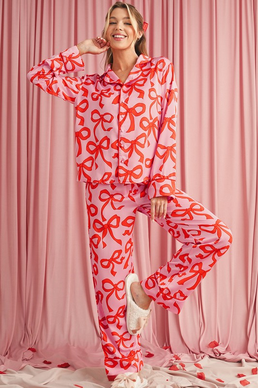 Casual Sets Drawstring/Belted - Bow Button Up And Loose Pants Pajama Set