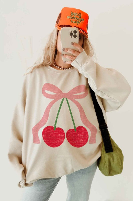 Contemporary Cotton/Poly - Cherry Bow Ribbon Graphic Sweatshirt