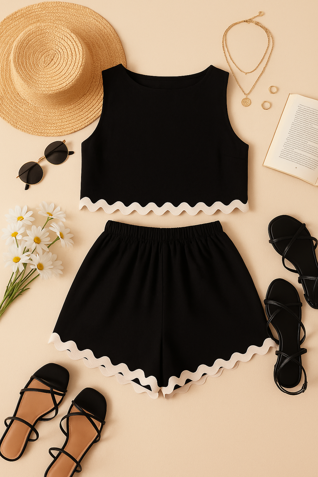 Black Scallop Trim Sleeveless Top & Shorts Co-Ord Set | Summer Matching Outfit