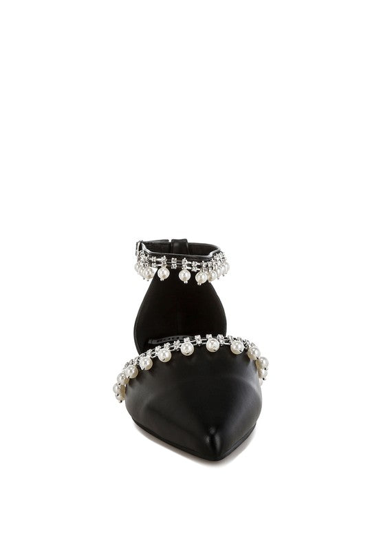 Aouva Rhinestone & Pearl Ankle Strap Flat Sandals