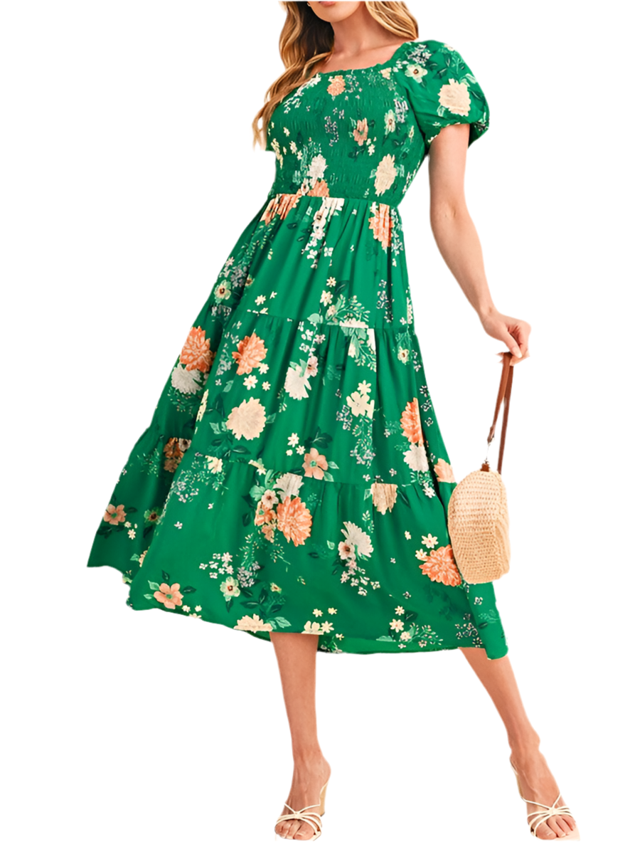 Green Floral Bubble Smocked Tiered Midi Dress