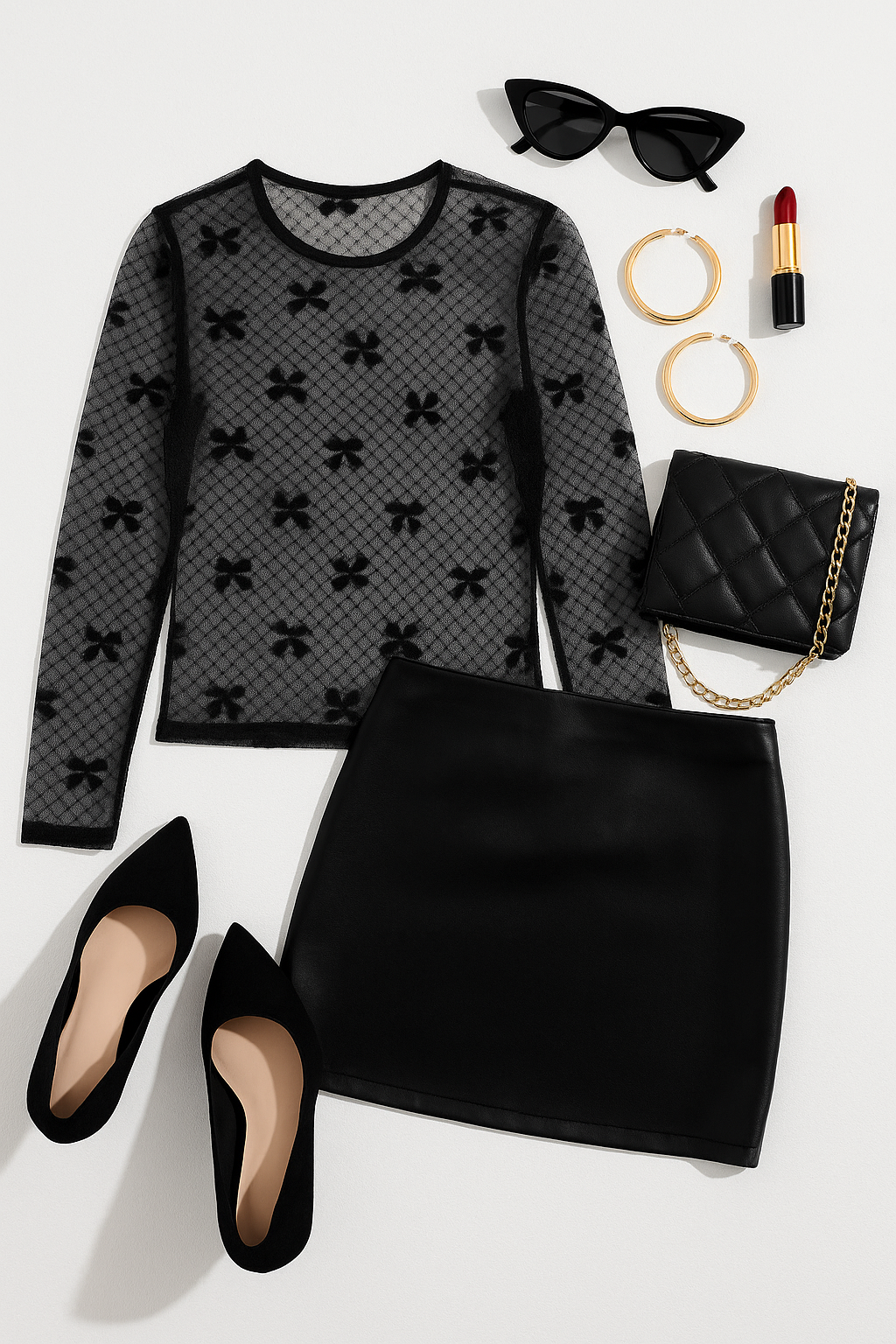 Black Bow Pattern Accent Mesh Long Sleeve Top