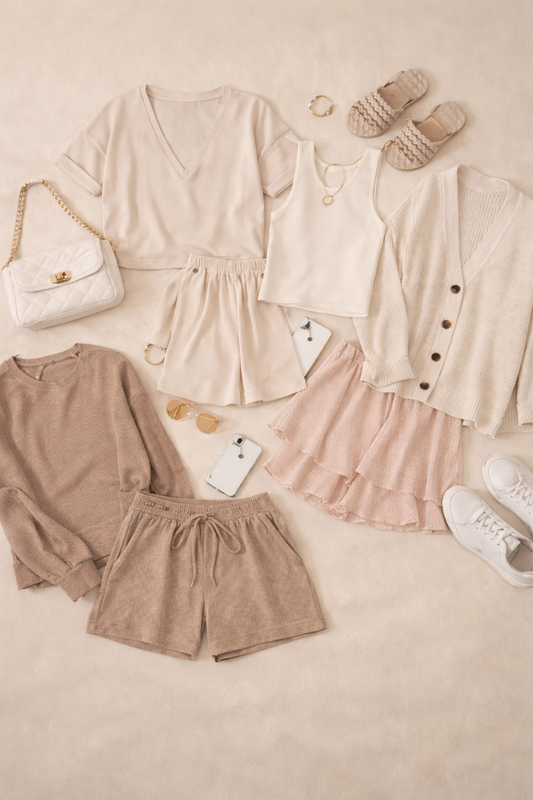 Everyday wardrobe basics flat lay in neutral tones with tank top, cardigan, matching sets, sneakers and accessories – IWearStyle