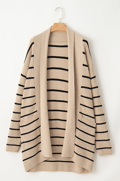 Stripe Shawl Neckline Open Cardigan with Pockets