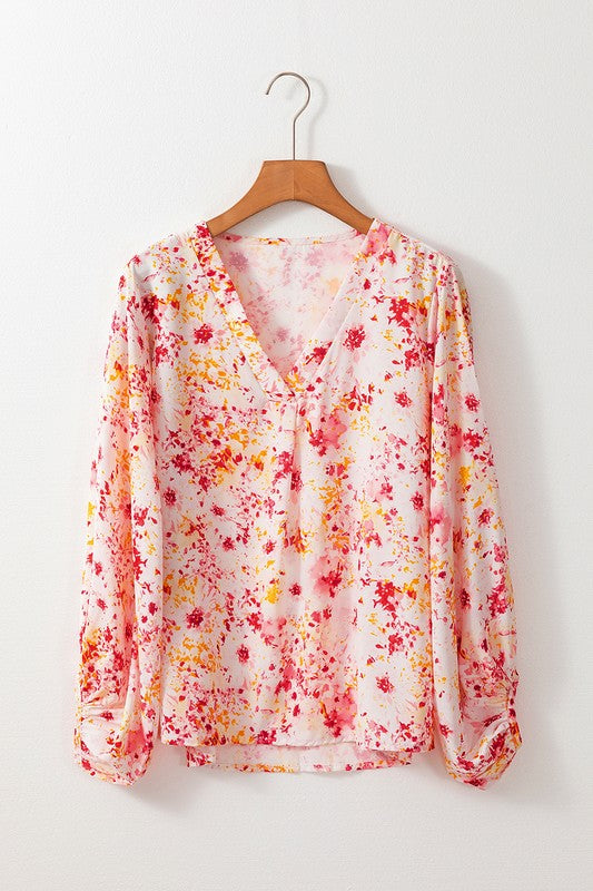 Women Pink Floral Bubble Sleeve V Neck Blouse