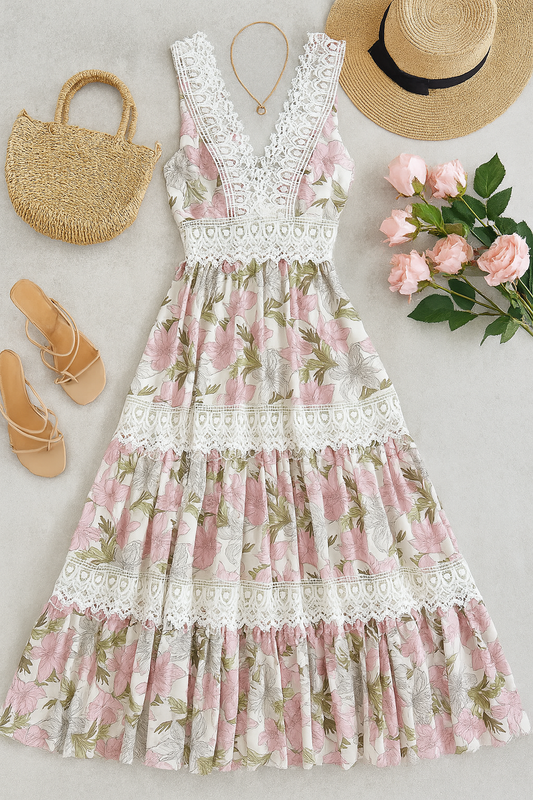 Floral Midi Sleeveless Dress with Lace Trim – Romantic Summer Soft Girl Outfit