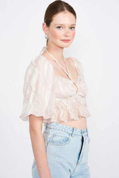 BUBBLE SLEEVE RUCHED CROP TOP