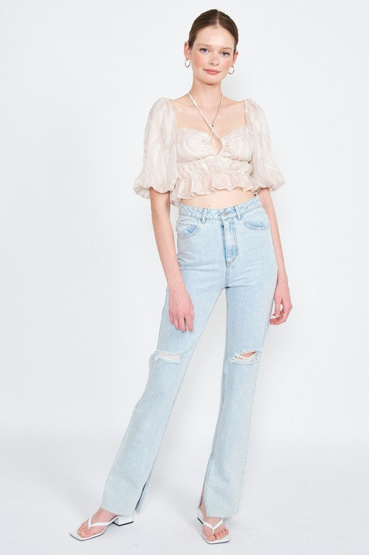 BUBBLE SLEEVE RUCHED CROP TOP