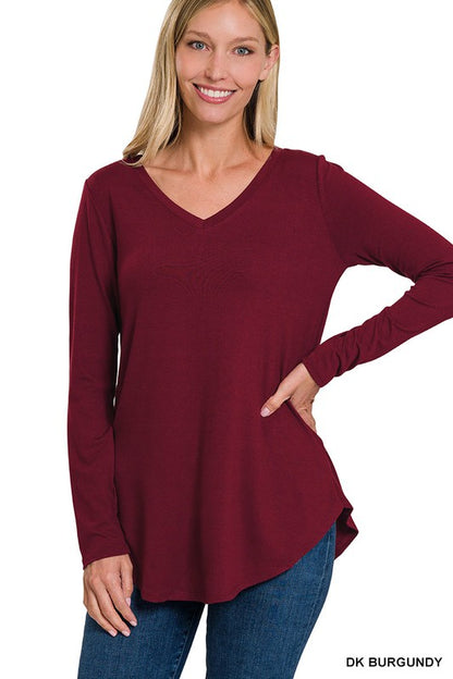 Long Sleeve V-Neck Round Hem Top