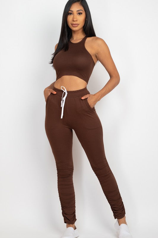 Crop Top & Ruched Drawstring Pants Set