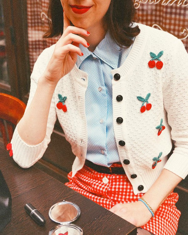 Cherry Crochet Pom Pom Cropped Cardigan Sweater