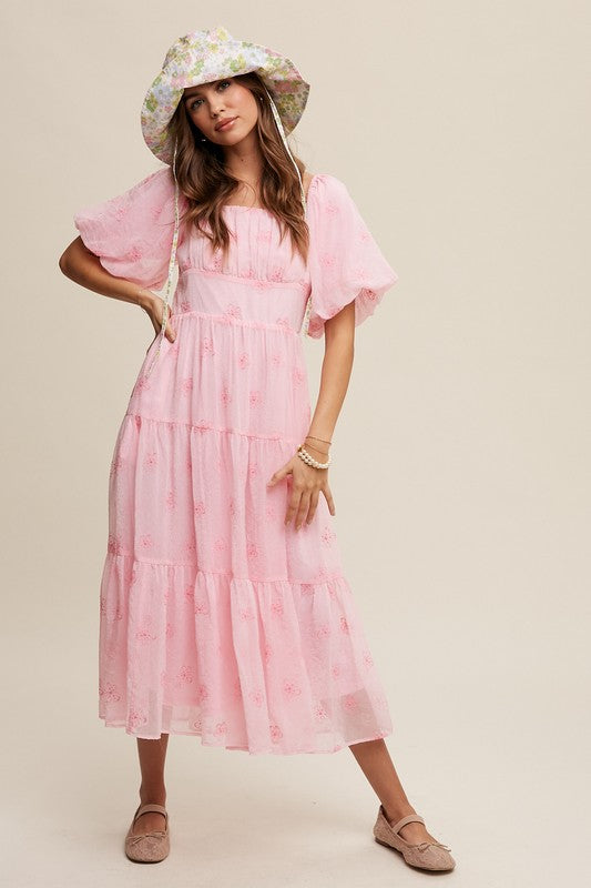 Flower Embroidered Puff Sleeve Tiered Maxi Dress