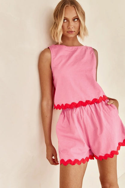 Black Scallop Trim Sleeveless Top & Shorts Co-Ord Set | Summer Matching Outfit