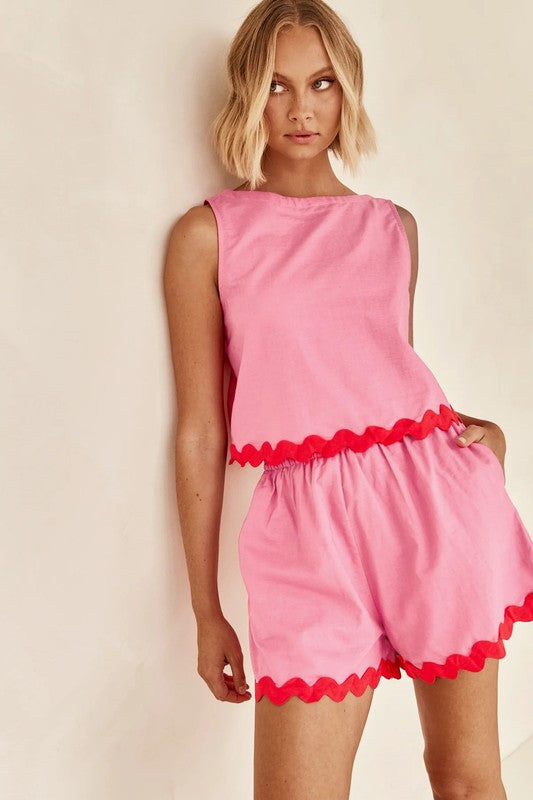 Black Scallop Trim Sleeveless Top & Shorts Co-Ord Set | Summer Matching Outfit