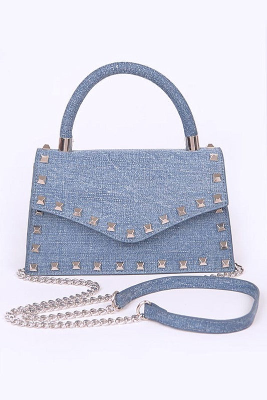 Studded Top Handle Denim Swing Bag