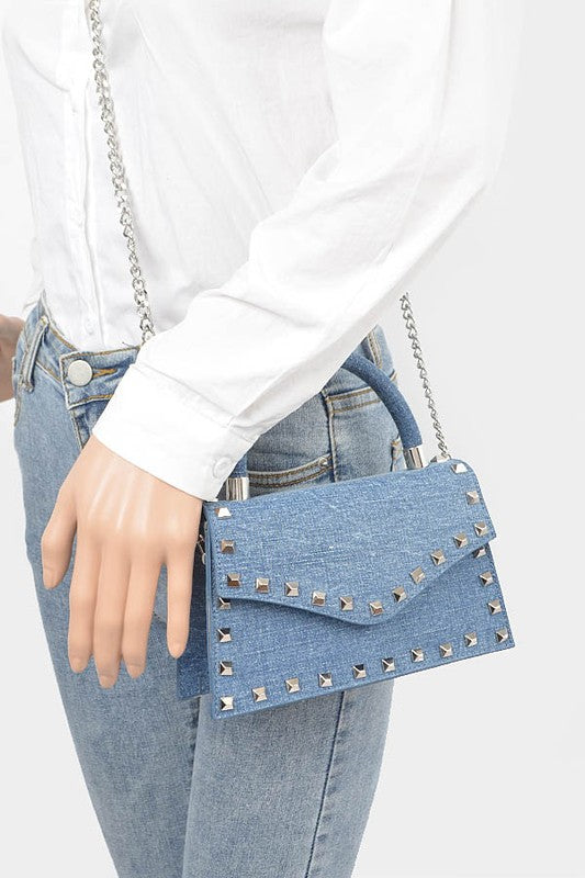 Studded Top Handle Denim Swing Bag