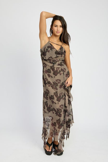 FLORAL RUFFLE MAXI DRESS