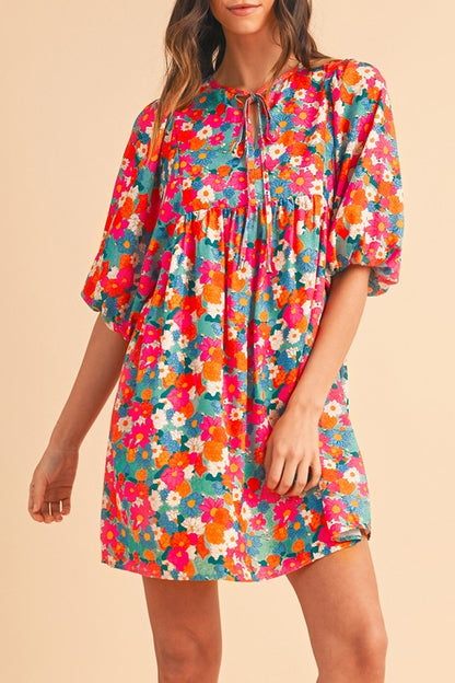 Floral Tie Split Neck Bubble Sleeve Babydoll Dress