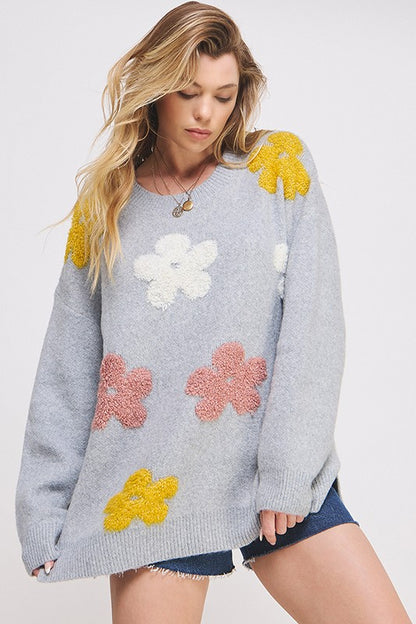 PLUS OVERSIZED LONG SLEEVE FLORAL KNIT SWEATER