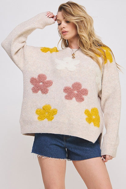 OVERSIZED LONG SLEEVE FLORAL GRAPHIC KNIT SWEATER