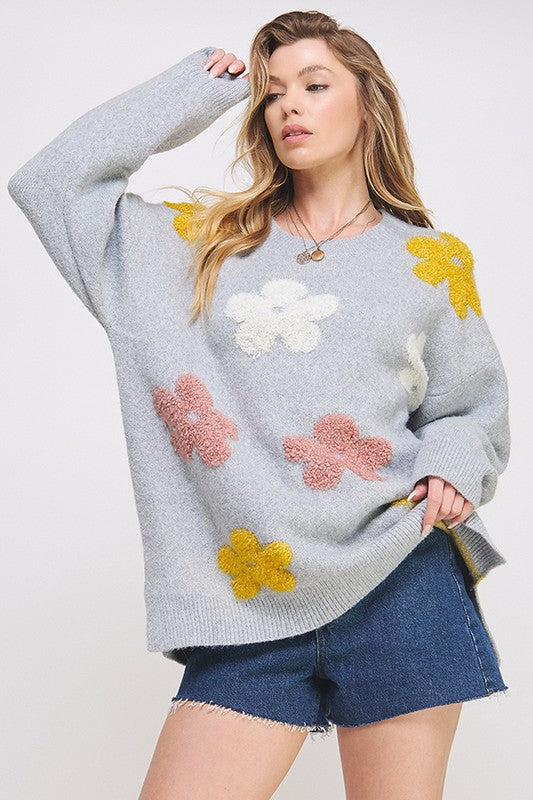 PLUS OVERSIZED LONG SLEEVE FLORAL KNIT SWEATER