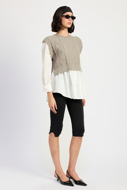 CABLE TWO FER SWEATER TOP