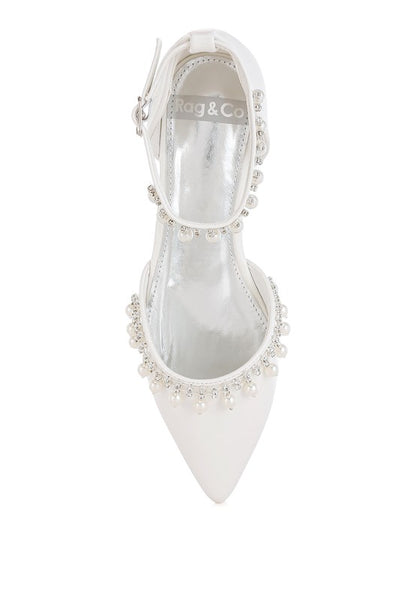 Aouva Rhinestone & Pearl Ankle Strap Flat Sandals