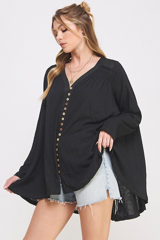 LONG SLEEVE V-NECK OVERSIZED BUTTON DOWN TUNIC