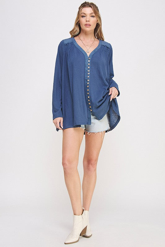 LONG SLEEVE V-NECK OVERSIZED BUTTON DOWN TUNIC