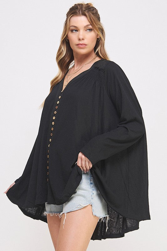 PLUS LONG SLV V-NECK OVERSIZED BUTTON DOWN TUNIC