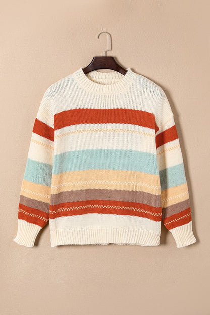 Striped Color Block Drop Shoulder Knit Sweater