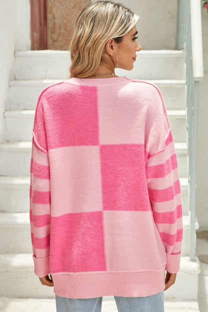 Checkered Color Block Striped High Low Sweater