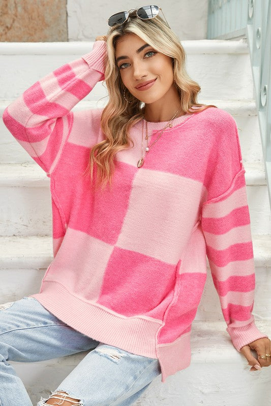 Checkered Color Block Striped High Low Sweater