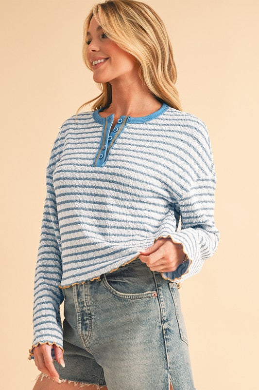 Stripe Textured Long Sleeve Henley Top