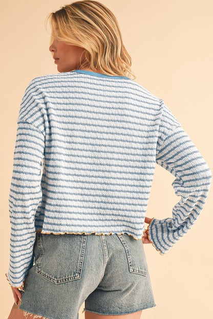 Stripe Textured Long Sleeve Henley Top