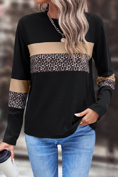 Leopard Colorblock Patchwork Crew Neck Top