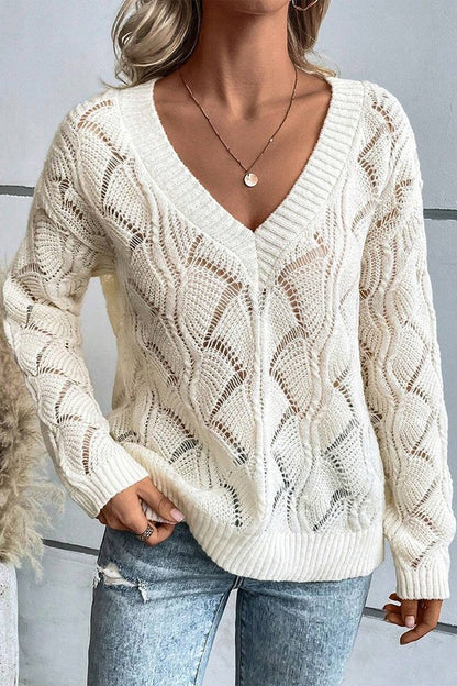 Women Hollow Out Knit V Neck Drop Shoulder Sweater