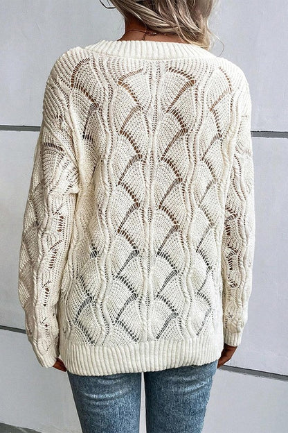 Women Hollow Out Knit V Neck Drop Shoulder Sweater