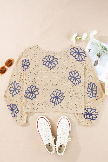 Women Flower Print Eyelet Drop Shoulder Sweater