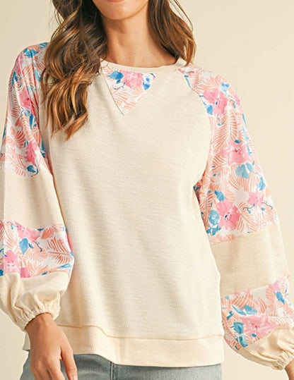 cotton Ribbed Floral Stitch Balloon Pull Over